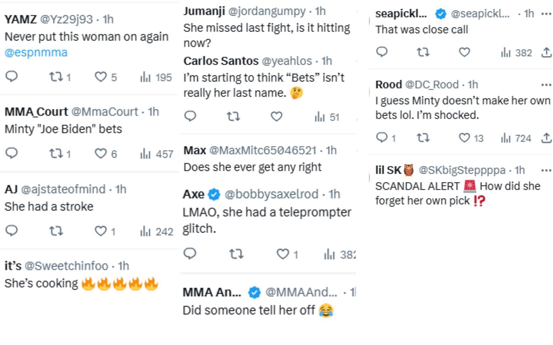 Screenshots of fan reactions to Bets' slip-up live on air